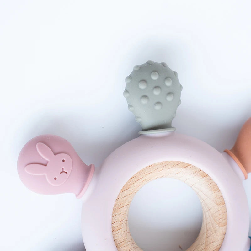 1Pc Food Grade Baby Silicone Teether Rudder Shape Wooden Ring Teething Toys BPA Free Infant Chewing Nursing Toy Newborn Gifts