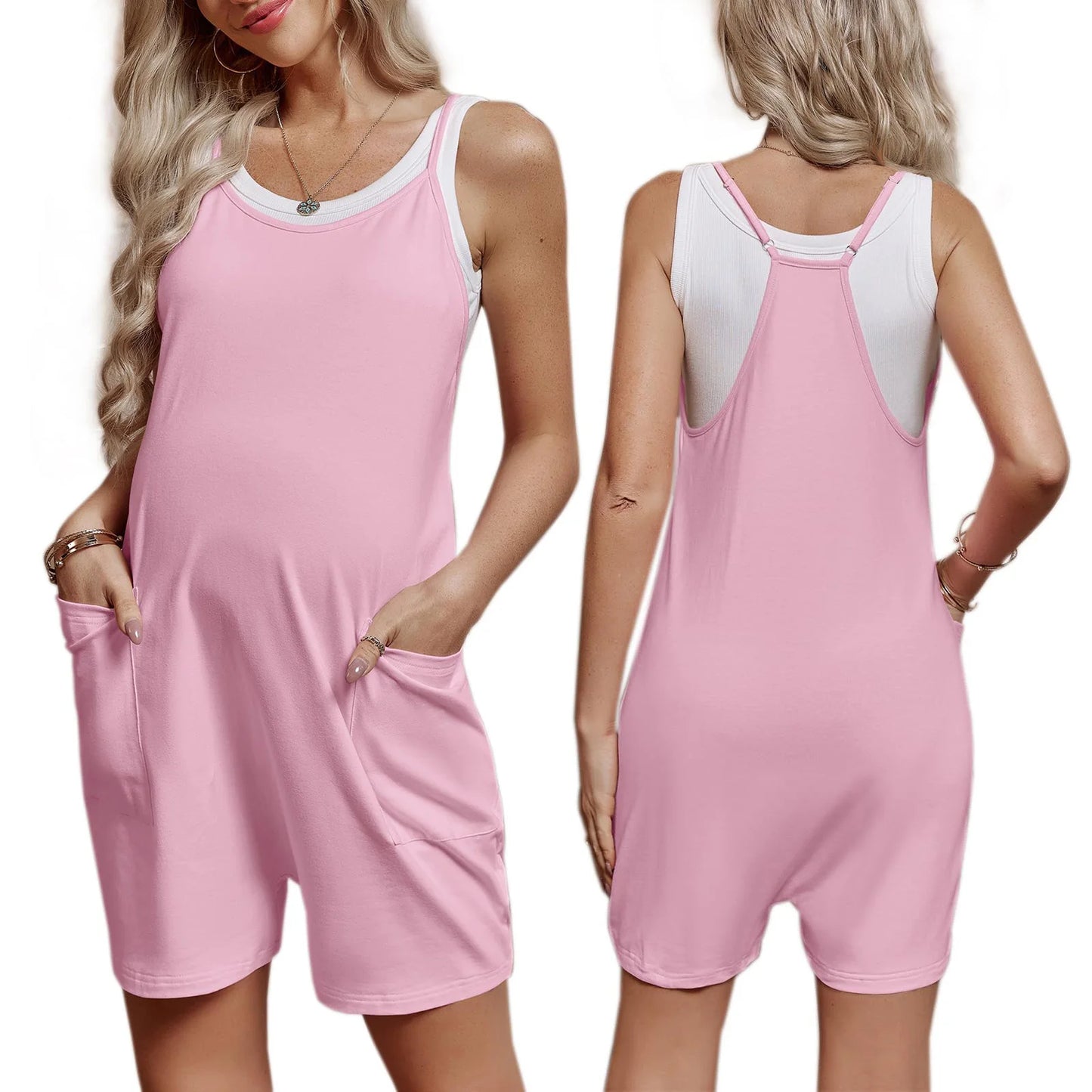Pregnant Women Sleeveless Overall Shorts Jumpsuit Maternity Summer Casual Romper Bodysuit with Pockets for Daily Work Home Beach
