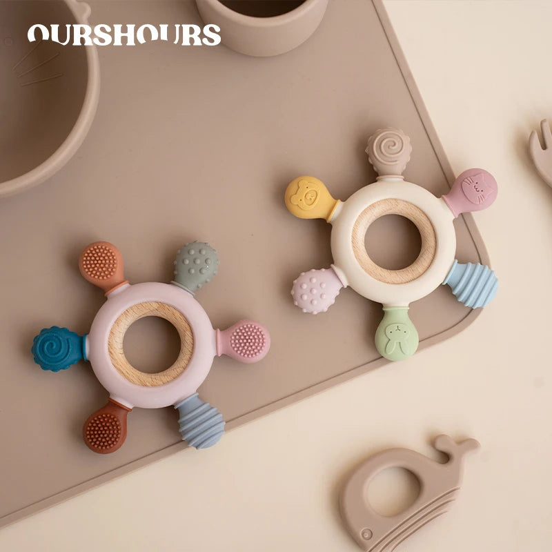 1Pc Food Grade Baby Silicone Teether Rudder Shape Wooden Ring Teething Toys BPA Free Infant Chewing Nursing Toy Newborn Gifts