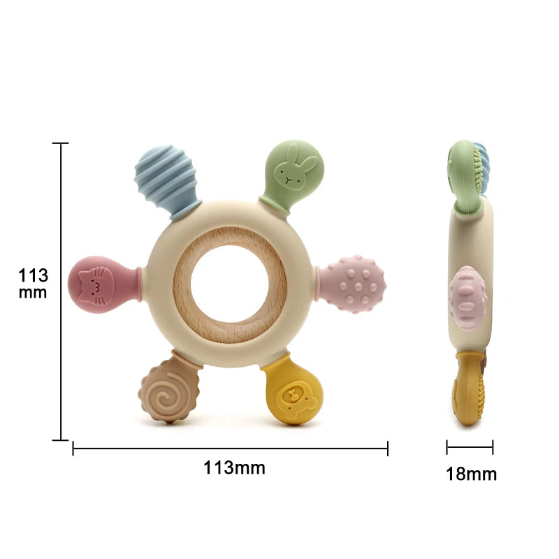 1Pc Food Grade Baby Silicone Teether Rudder Shape Wooden Ring Teething Toys BPA Free Infant Chewing Nursing Toy Newborn Gifts
