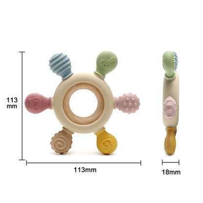1Pc Food Grade Baby Silicone Teether Rudder Shape Wooden Ring Teething Toys BPA Free Infant Chewing Nursing Toy Newborn Gifts