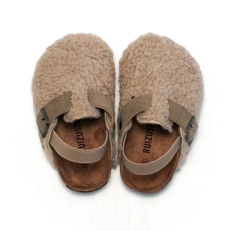 Children Autumn Winter Fashion Cork Slippers Wear Girls Suede Wool Plush Warm Slippers Shoes Boys Casual Indoor Shoes Outdoor