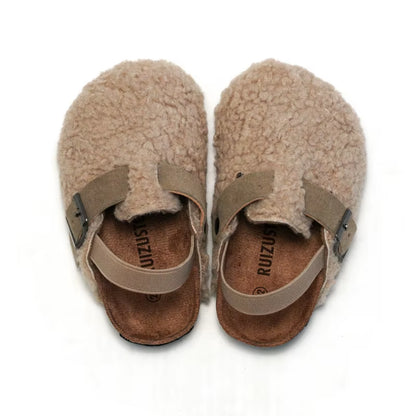 Children Autumn Winter Fashion Cork Slippers Wear Girls Suede Wool Plush Warm Slippers Shoes Boys Casual Indoor Shoes Outdoor