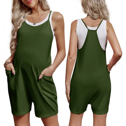 Pregnant Women Sleeveless Overall Shorts Jumpsuit Maternity Summer Casual Romper Bodysuit with Pockets for Daily Work Home Beach