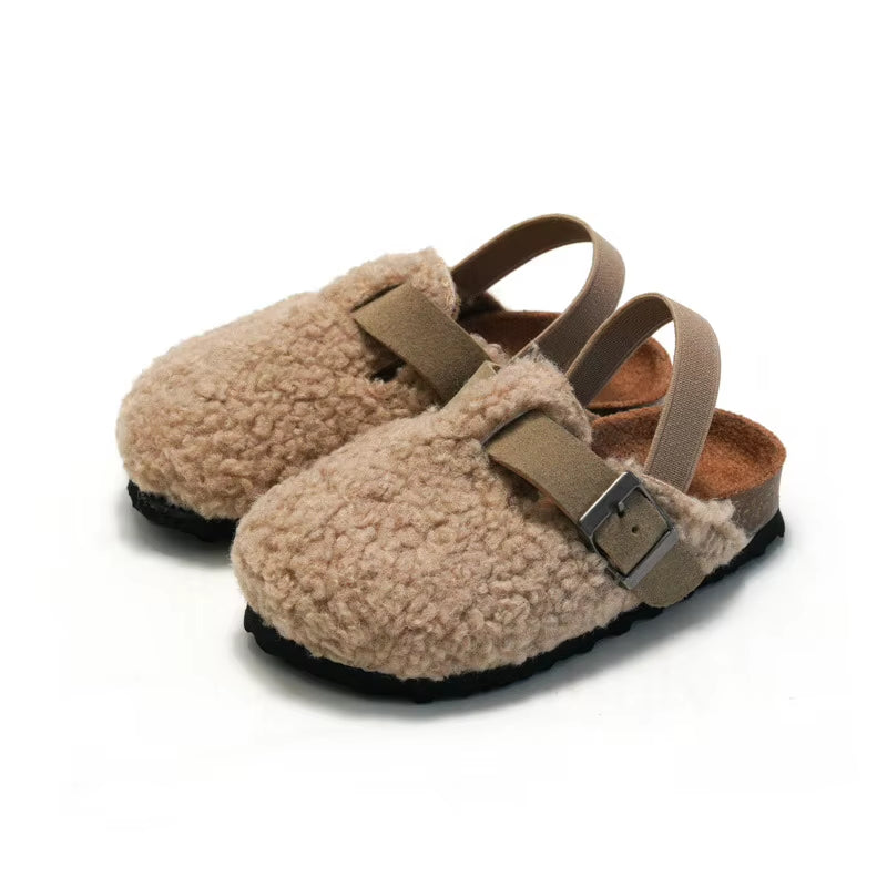 Children Autumn Winter Fashion Cork Slippers Wear Girls Suede Wool Plush Warm Slippers Shoes Boys Casual Indoor Shoes Outdoor