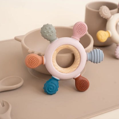 1Pc Food Grade Baby Silicone Teether Rudder Shape Wooden Ring Teething Toys BPA Free Infant Chewing Nursing Toy Newborn Gifts