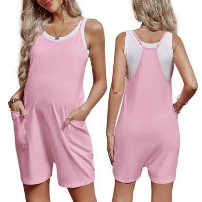 Pregnant Women Sleeveless Overall Shorts Jumpsuit Maternity Summer Casual Romper Bodysuit with Pockets for Daily Work Home Beach