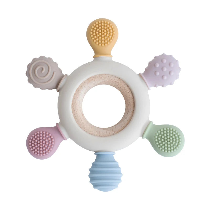 1Pc Food Grade Baby Silicone Teether Rudder Shape Wooden Ring Teething Toys BPA Free Infant Chewing Nursing Toy Newborn Gifts