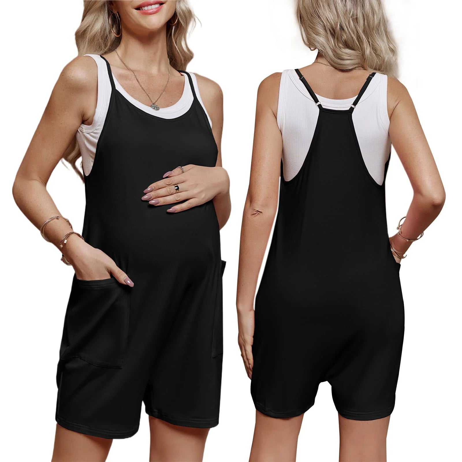 Pregnant Women Sleeveless Overall Shorts Jumpsuit Maternity Summer Casual Romper Bodysuit with Pockets for Daily Work Home Beach