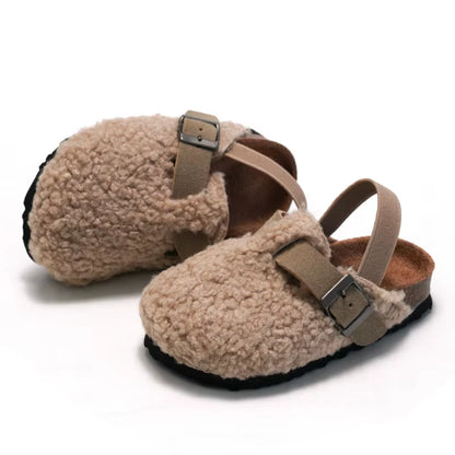 Children Autumn Winter Fashion Cork Slippers Wear Girls Suede Wool Plush Warm Slippers Shoes Boys Casual Indoor Shoes Outdoor