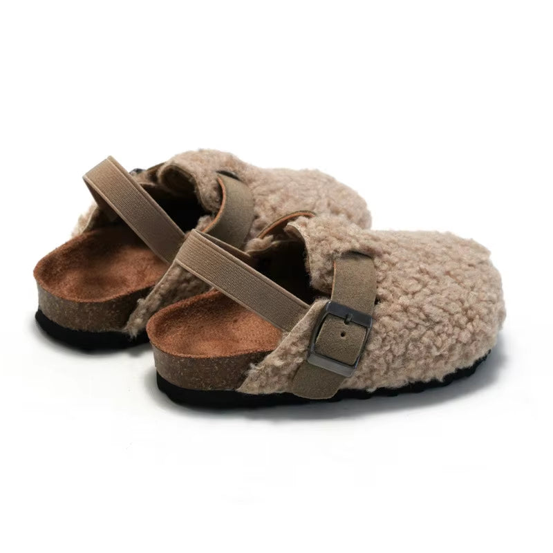 Children Autumn Winter Fashion Cork Slippers Wear Girls Suede Wool Plush Warm Slippers Shoes Boys Casual Indoor Shoes Outdoor
