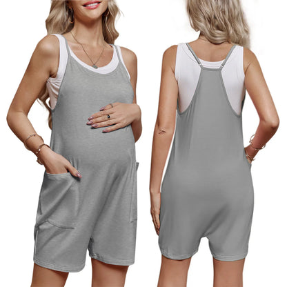 Pregnant Women Sleeveless Overall Shorts Jumpsuit Maternity Summer Casual Romper Bodysuit with Pockets for Daily Work Home Beach